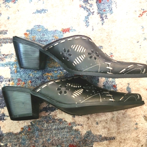 PARIS Blues Black Embroidered Mules Cowboy SLIDES Heels Size 8  MOONSHINE - Picture 1 of 14